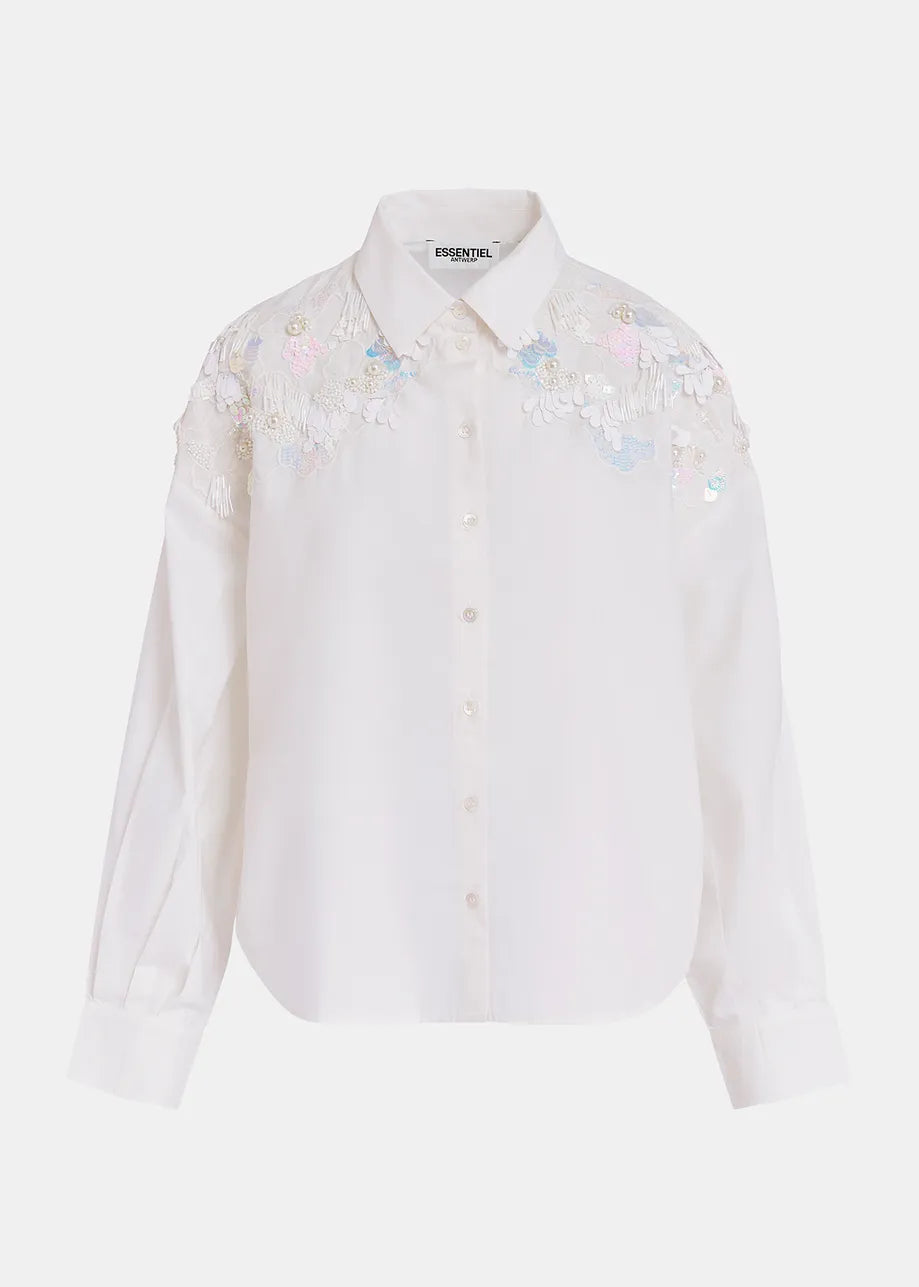 Cotton shirt with sequin and beaded embroideries - white