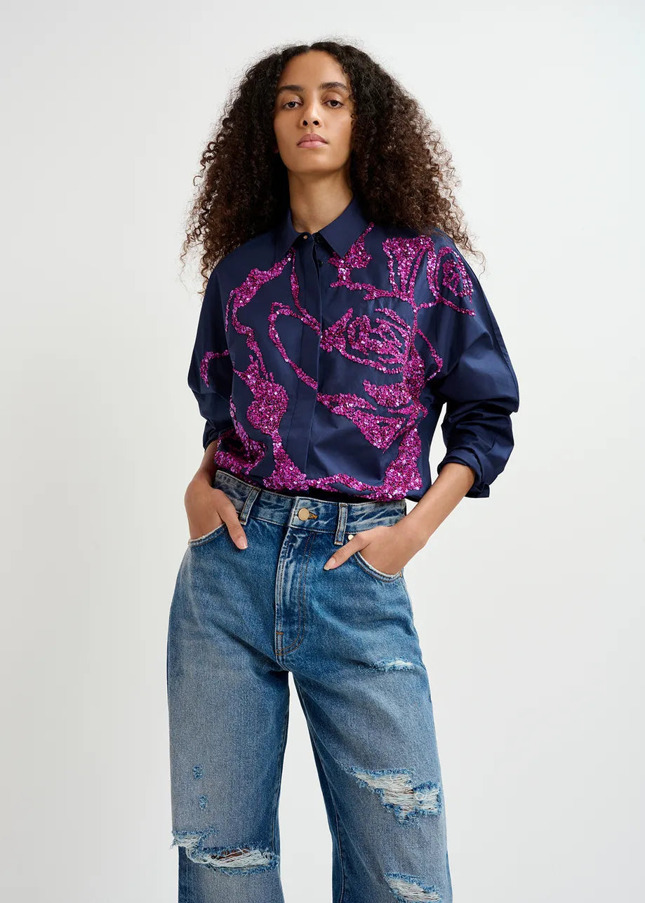 Cotton shirt with sequin embroideries - navy blue Shirts