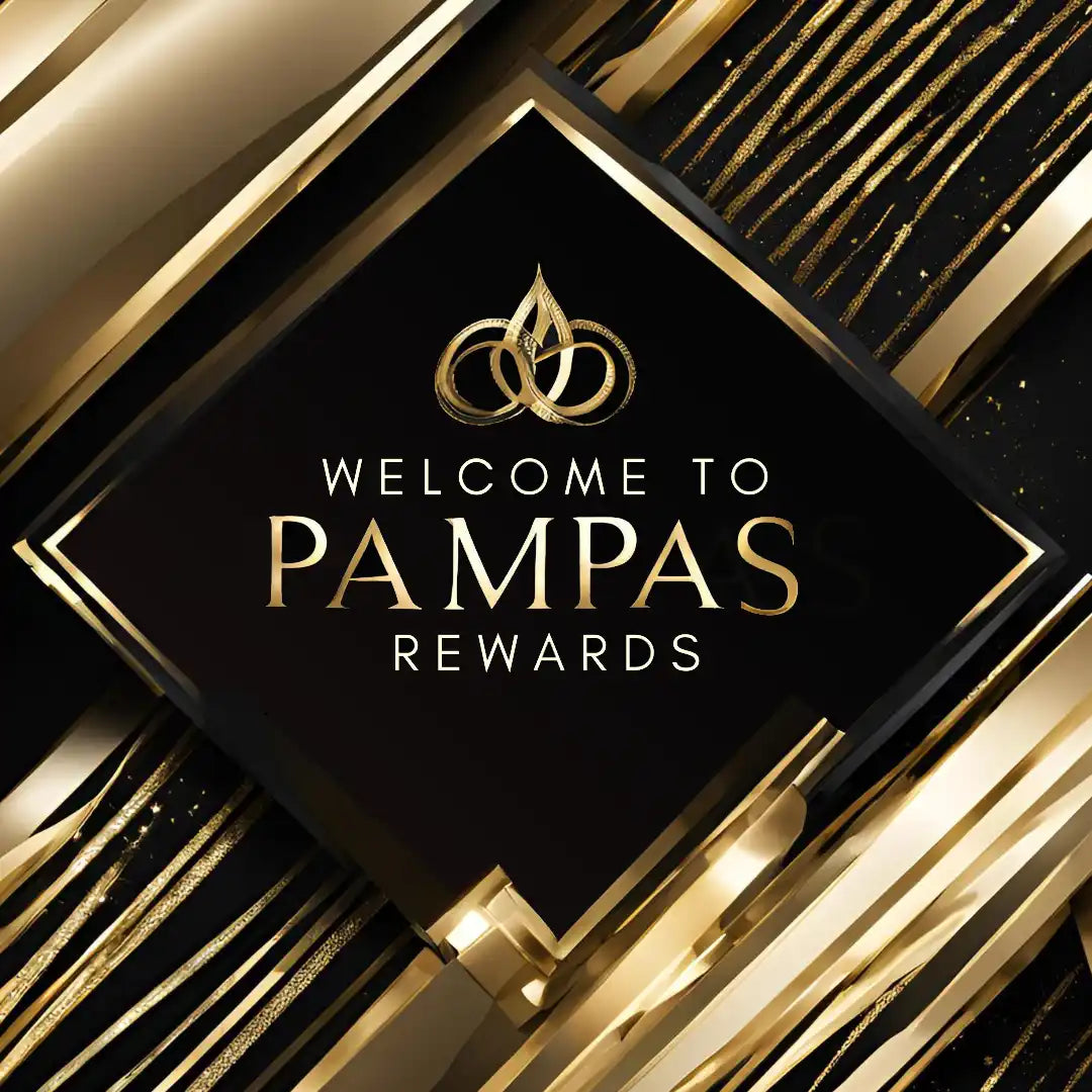 Elegant gold and black logo design for ’Welcome to Pampas Rewards’ with interlocking rings symbol.