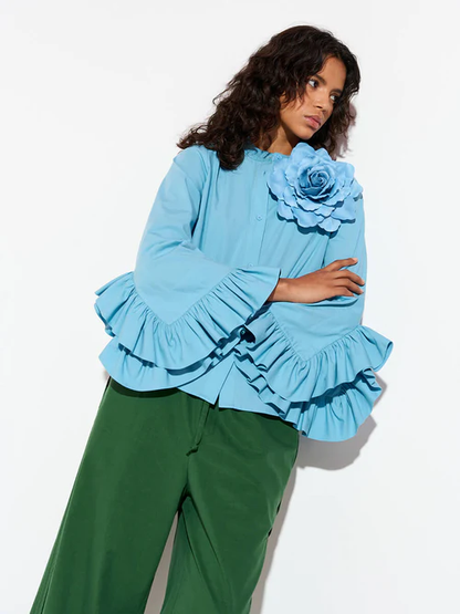 Famke ruffle sleeve shirt - middle blue Shirts & Blouses