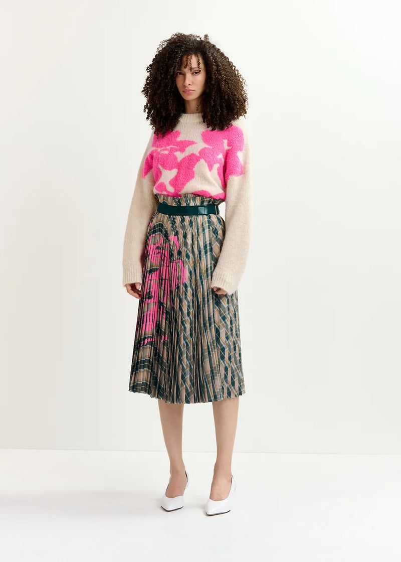 Floral instarsia knitted sweater - ecru and neon pink