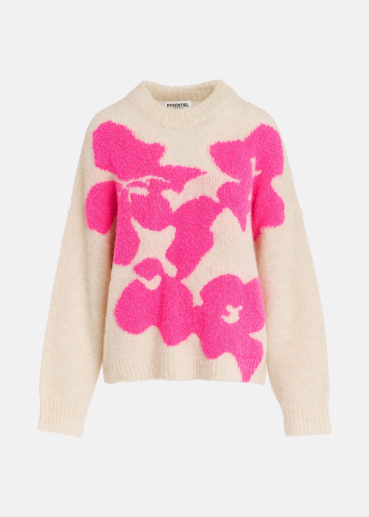 Floral instarsia knitted sweater - ecru and neon pink