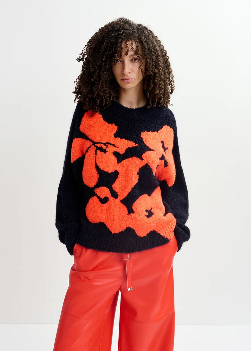 Floral instarsia knitted sweater - navy & red Pullover