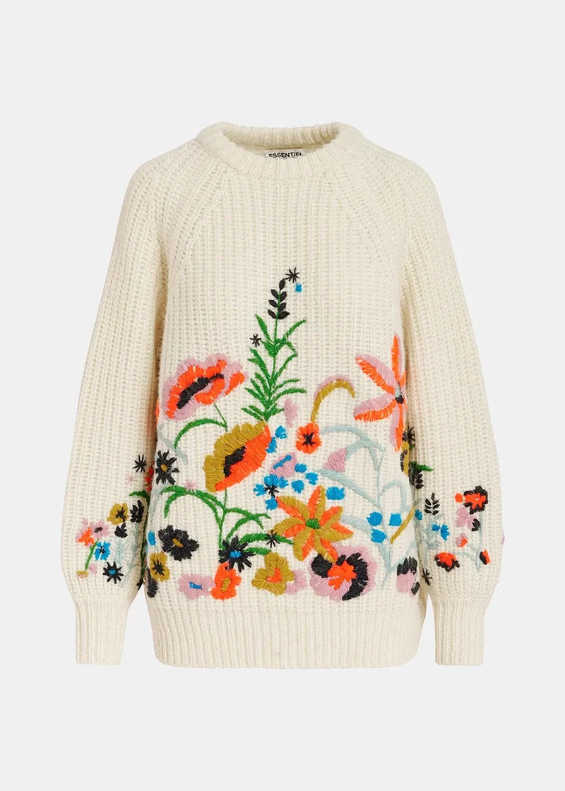 Glossy rib-knitted sweater with floral embroideries - ecru