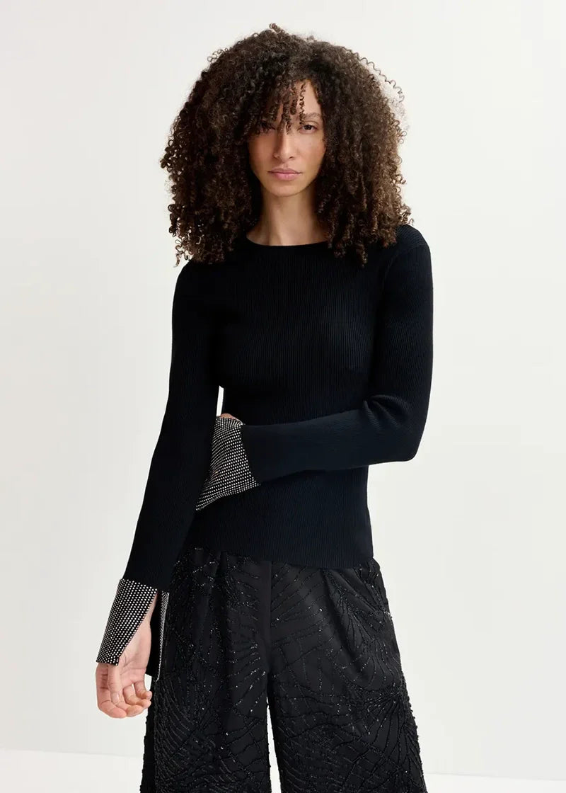 Gomi pullover with fringes - black Sweater Essentiel Antwerp