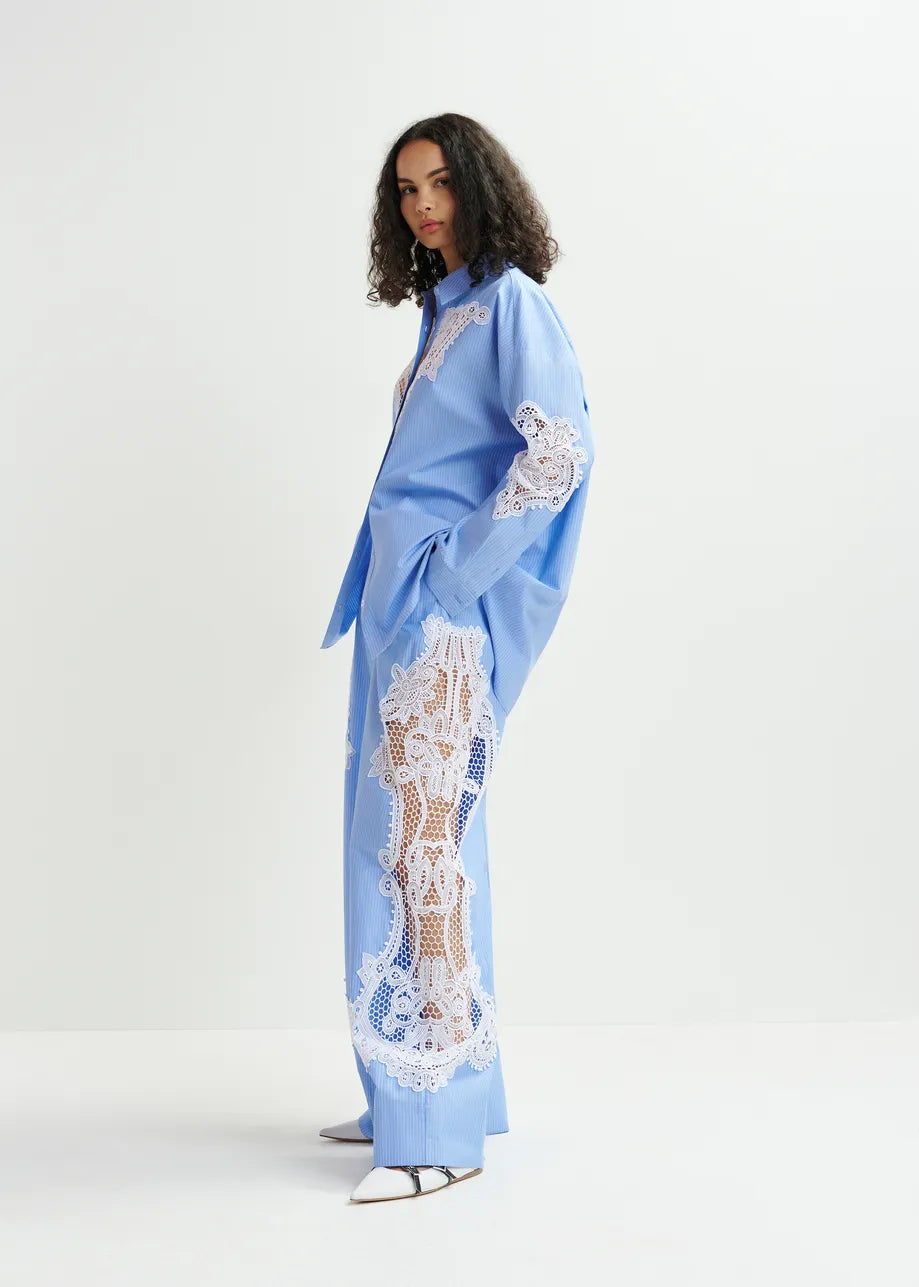 Hace wide-leg cotton pants with lace embroidery - blue