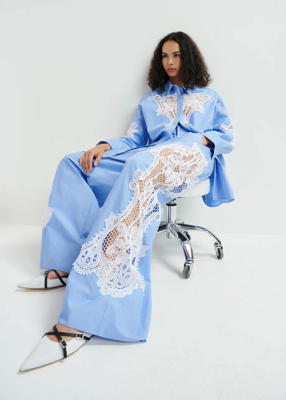 Hace wide-leg cotton pants with lace embroidery - blue