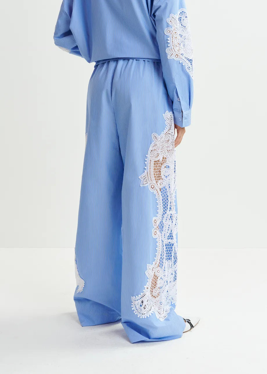 Hace wide-leg cotton pants with lace embroidery - blue