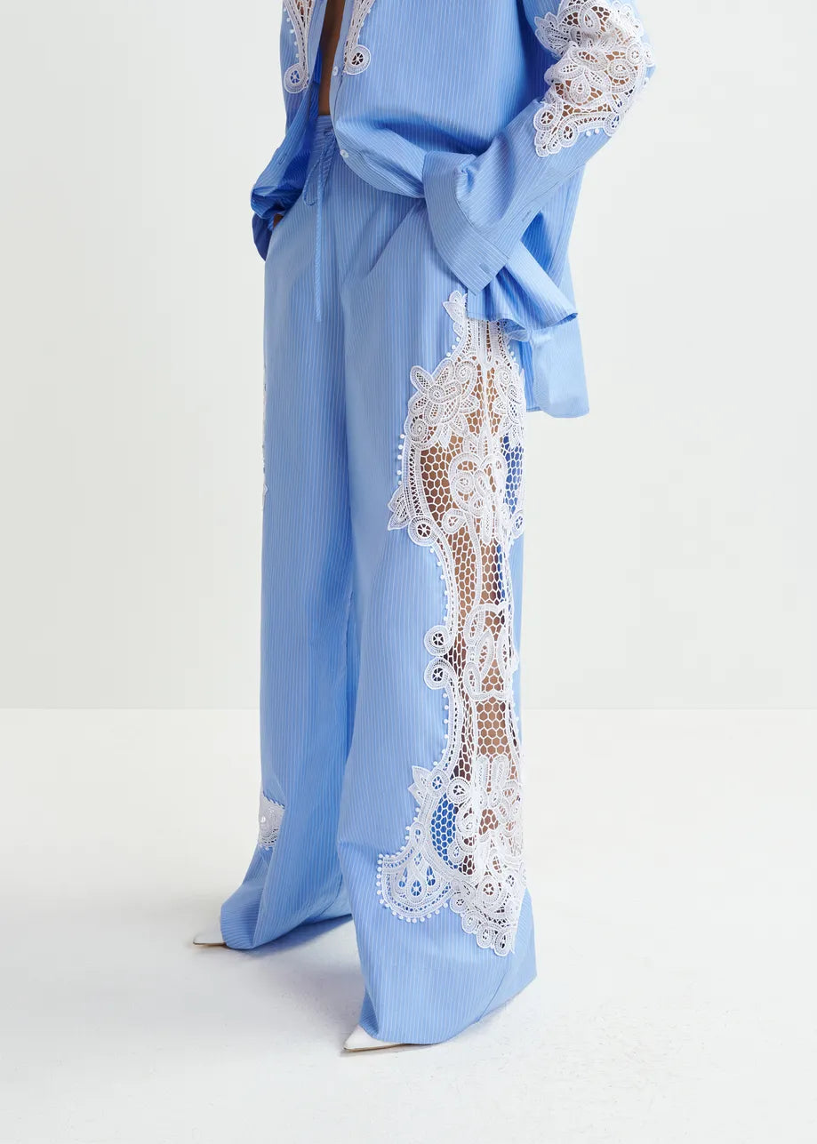 Hace wide-leg cotton pants with lace embroidery - blue