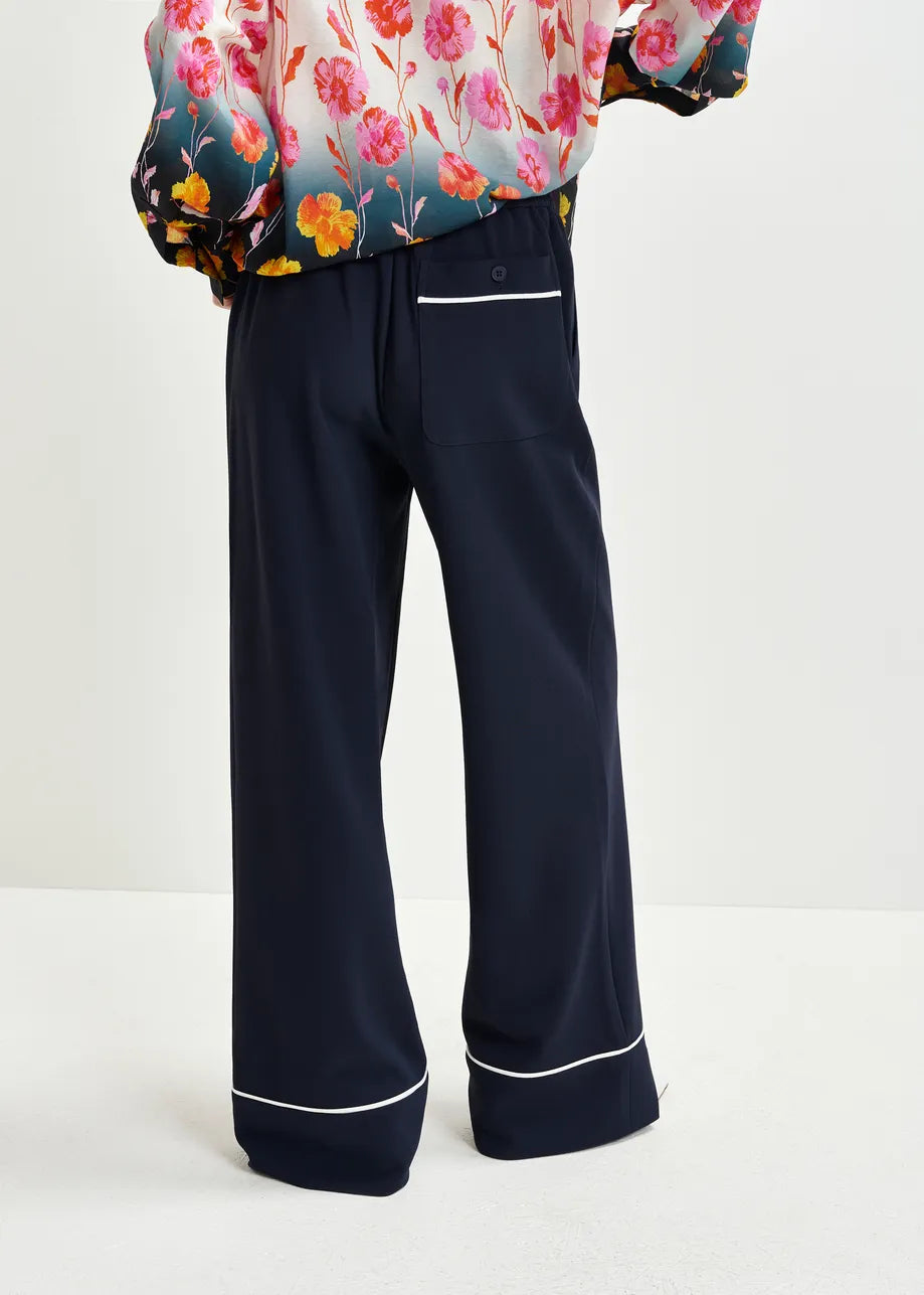 Hand wide-leg pants with contrasting trim - dark blue