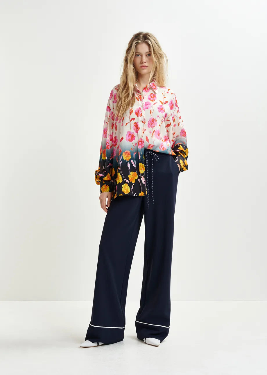 Hand wide-leg pants with contrasting trim - dark blue