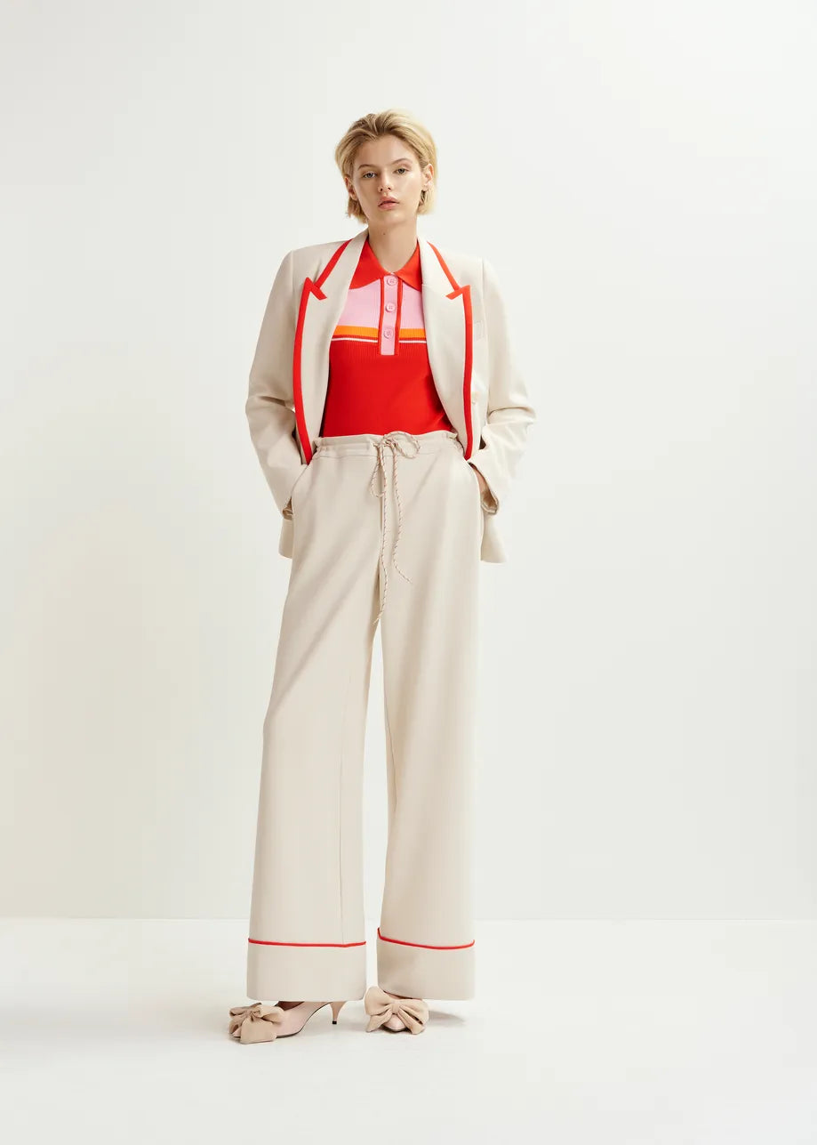 Hand wide-leg pants with contrasting trim - off white / red