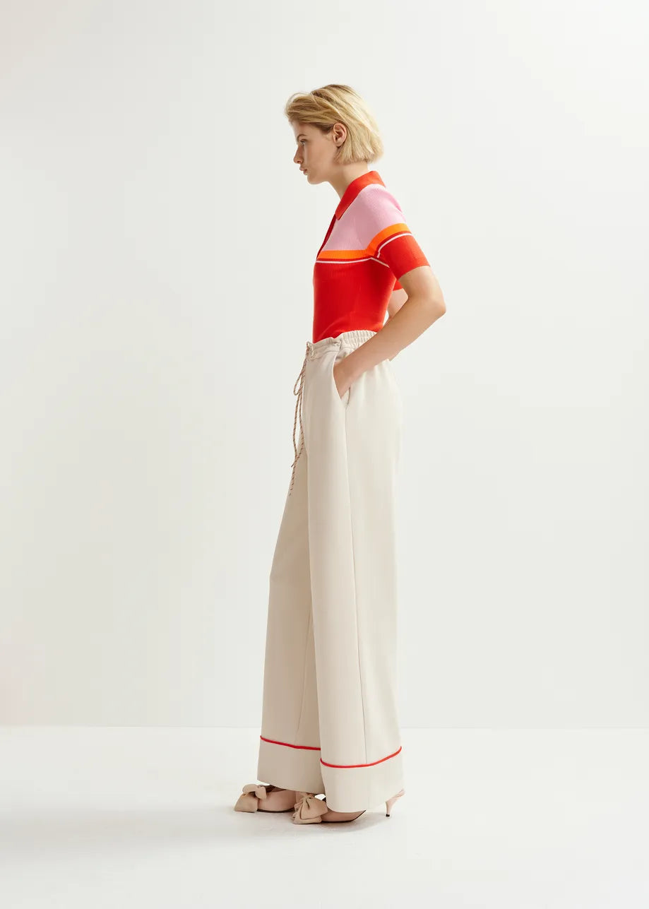 Hand wide-leg pants with contrasting trim - off white / red