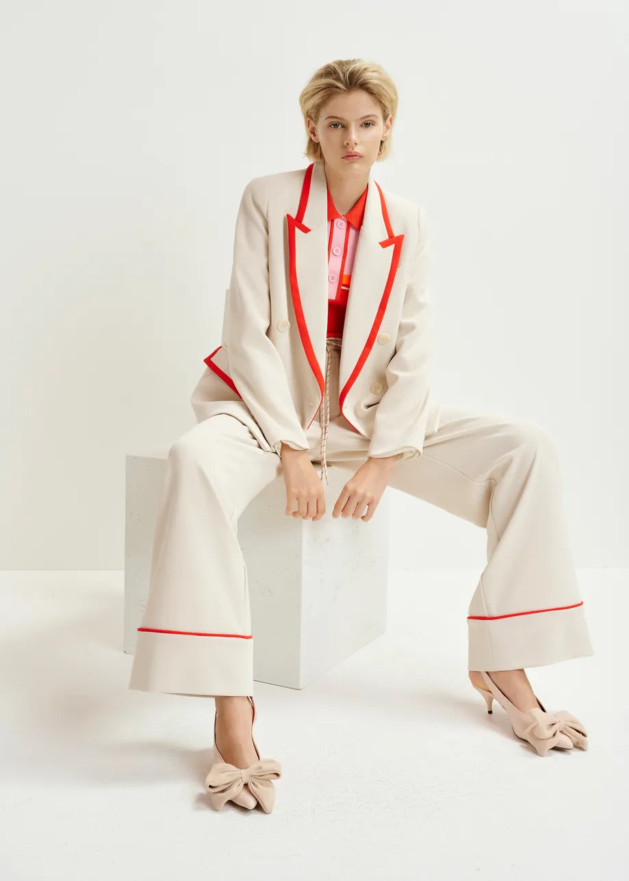 Hand wide-leg pants with contrasting trim - off white / red