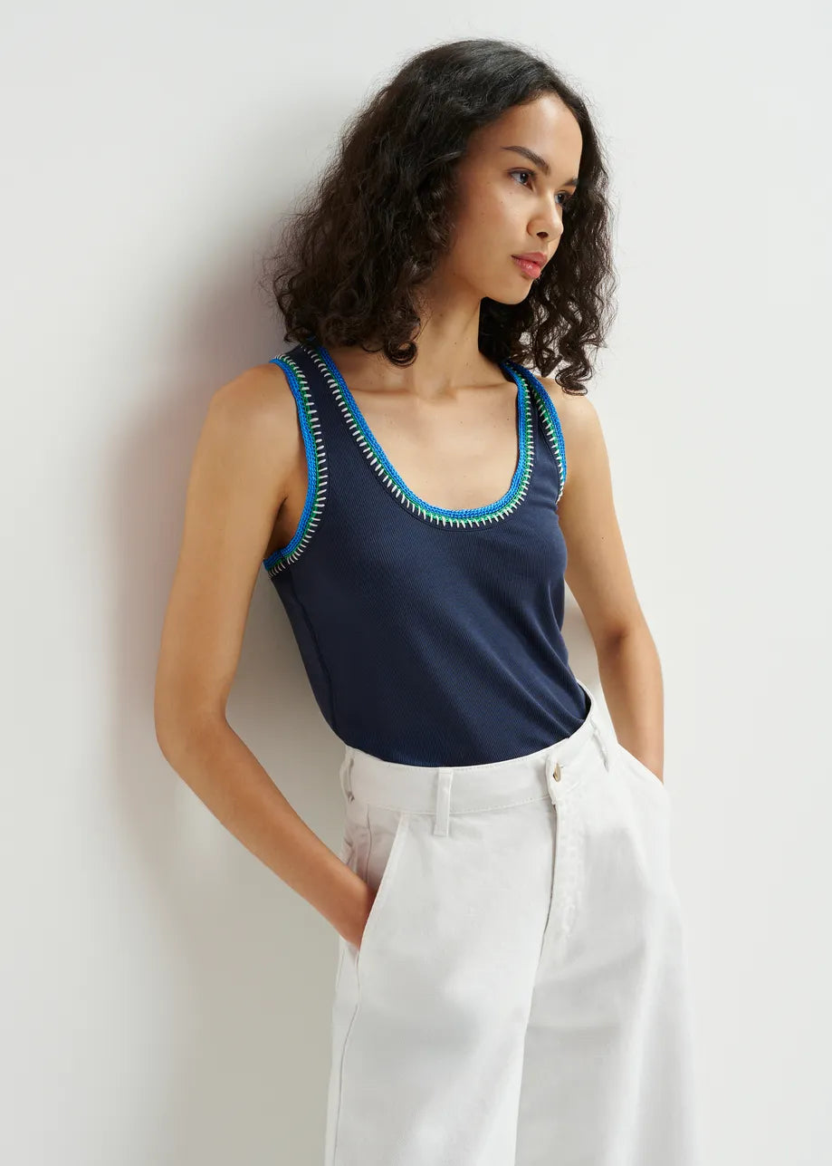 Harcel organic cotton tank top with embroidery - dark blue