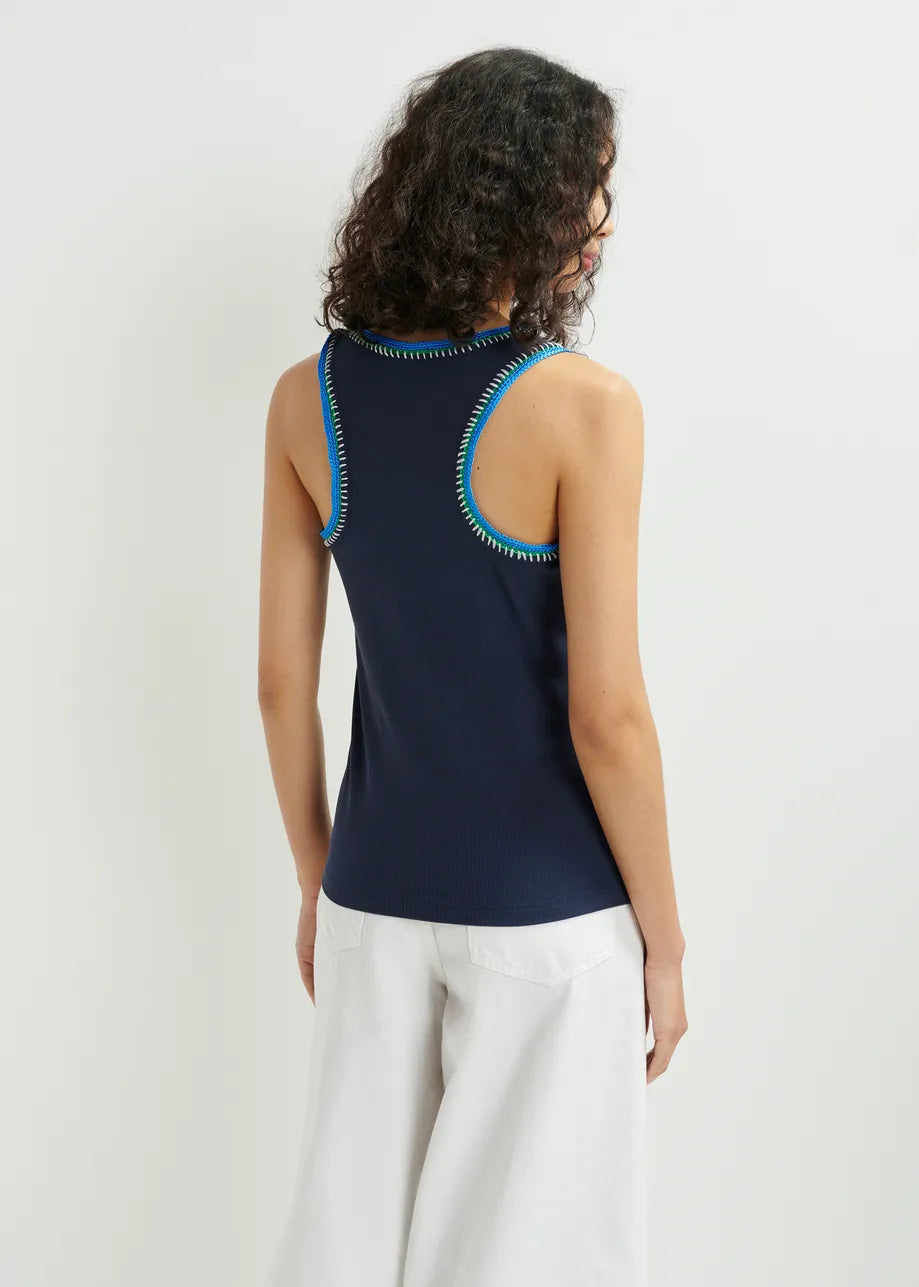 Harcel organic cotton tank top with embroidery - dark blue