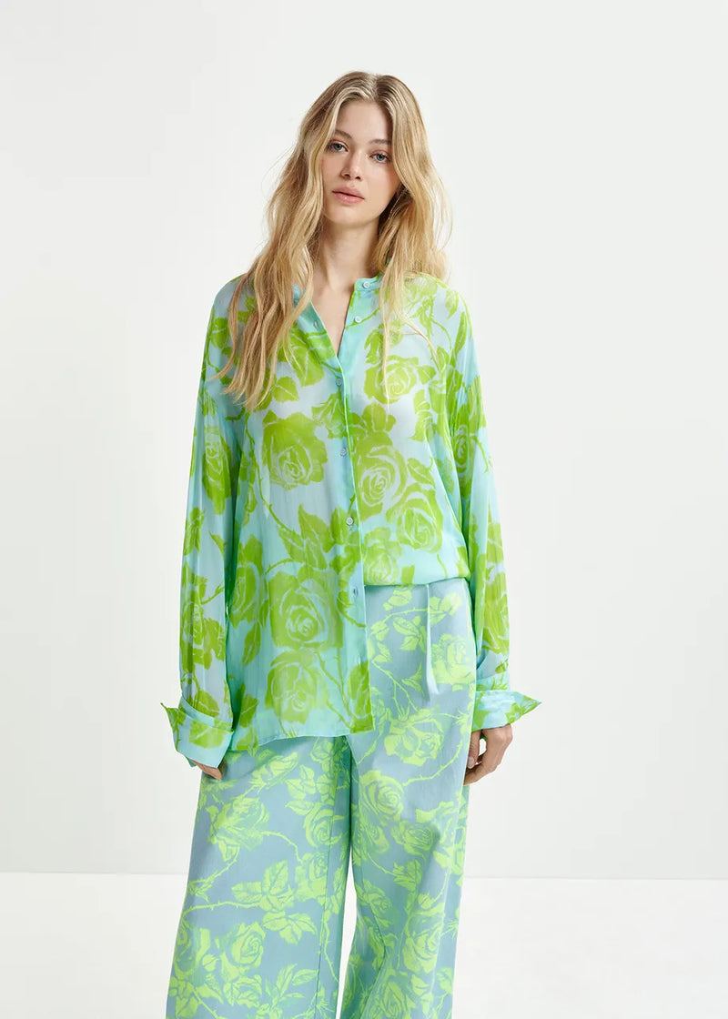 Headache floral shirt with mandarin collar - green / light