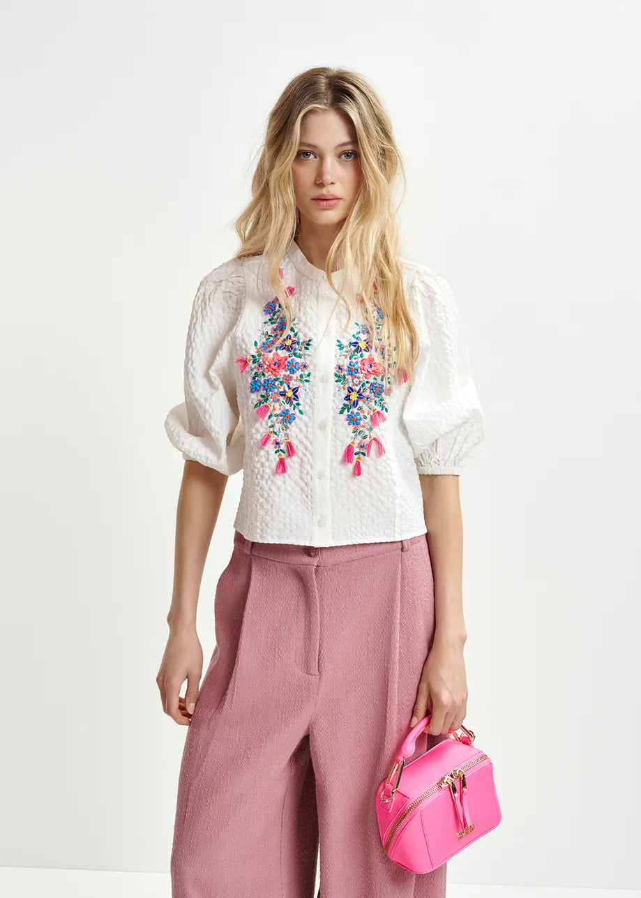 Heartfelt sequin and bead-embellished shirt with voluminous