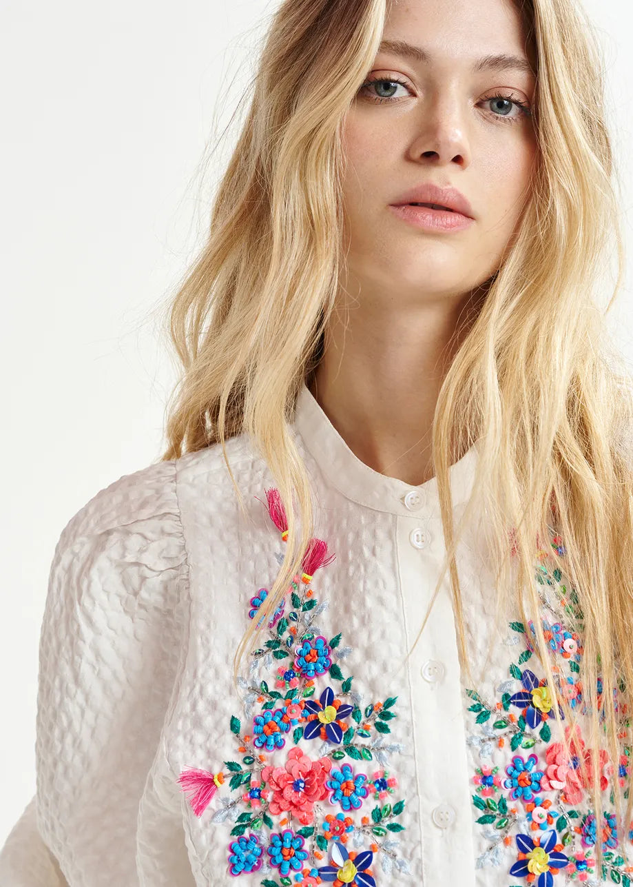 Heartfelt sequin and bead-embellished shirt with voluminous