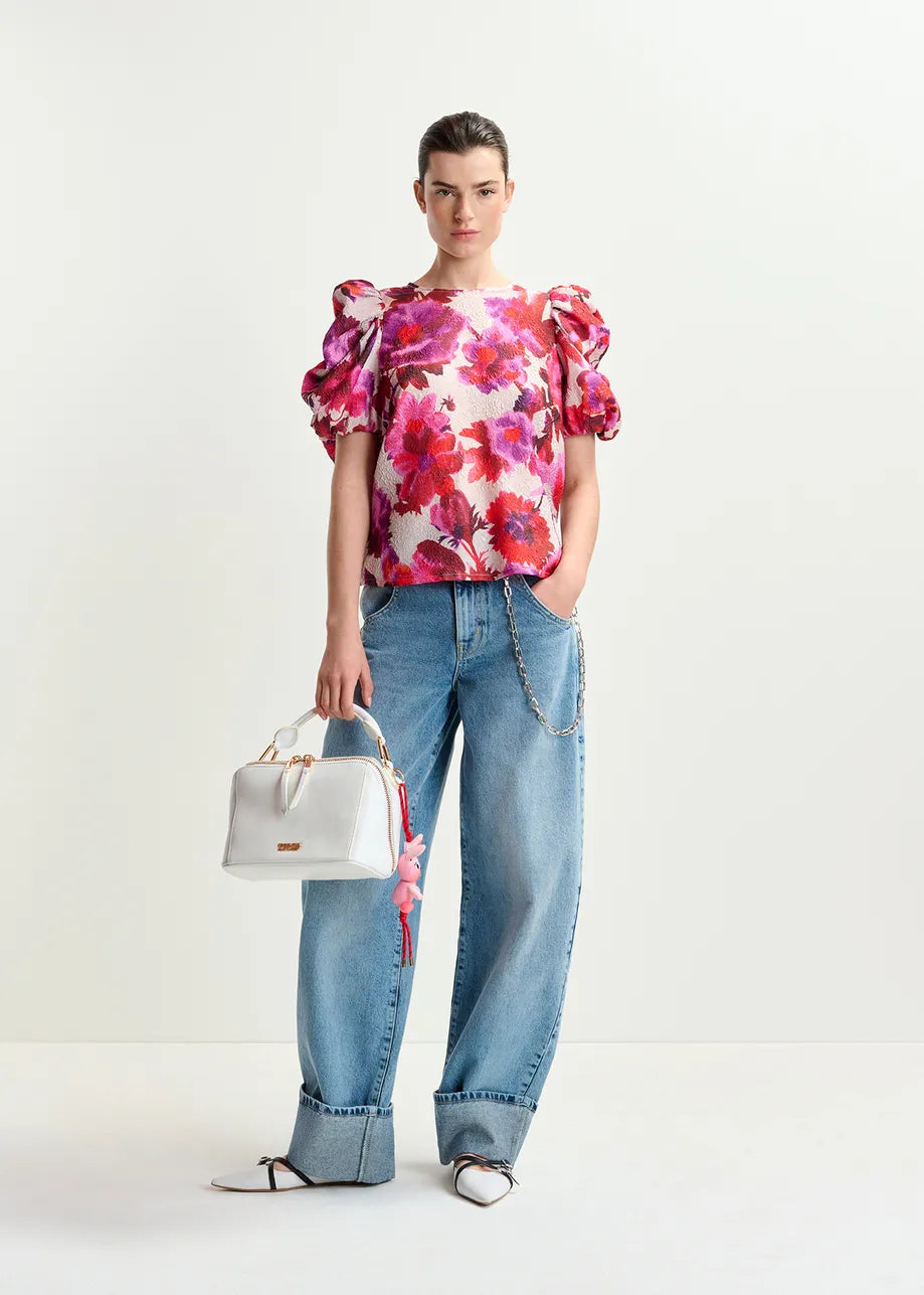 Henrietta jacquard top with puffy sleeves - off white