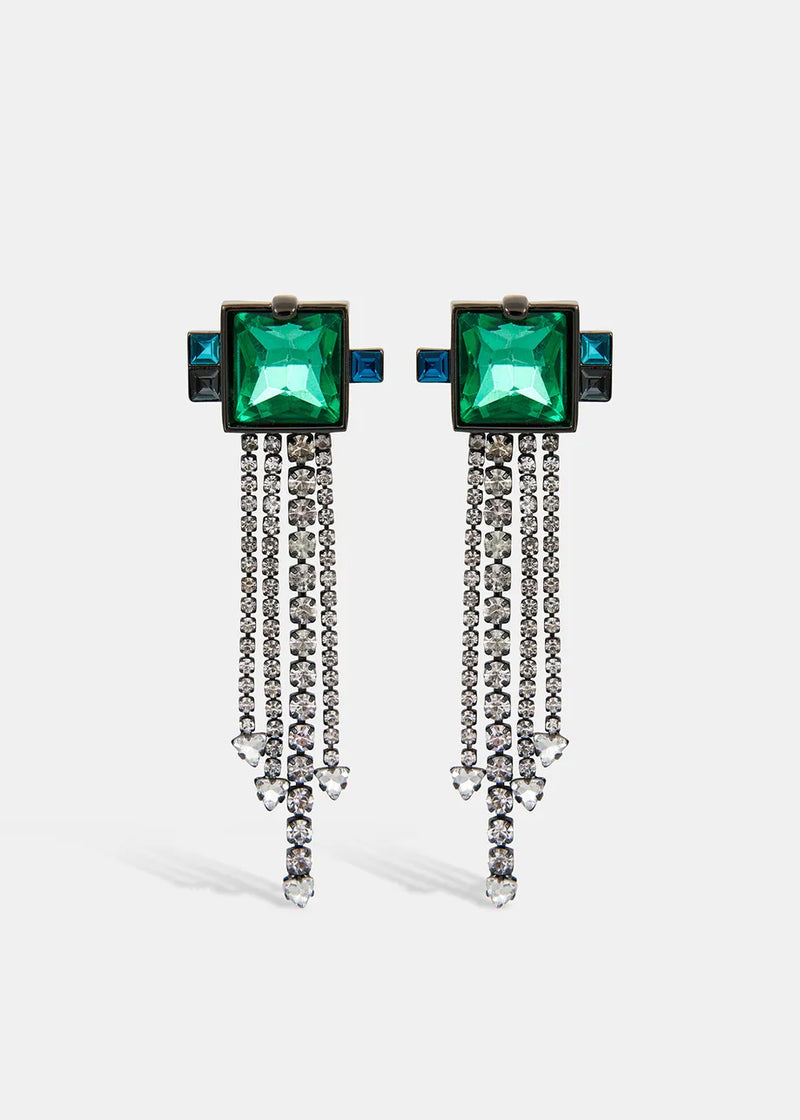 Honata long rhinestone earrings - blue/green/silver