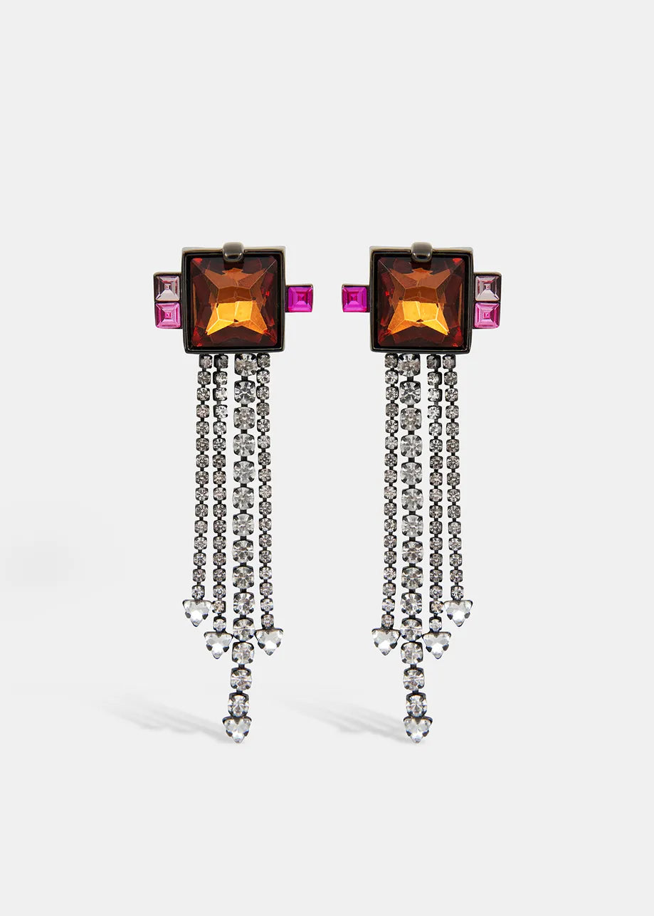 Honata long rhinestone earrings - orange/pink/silver