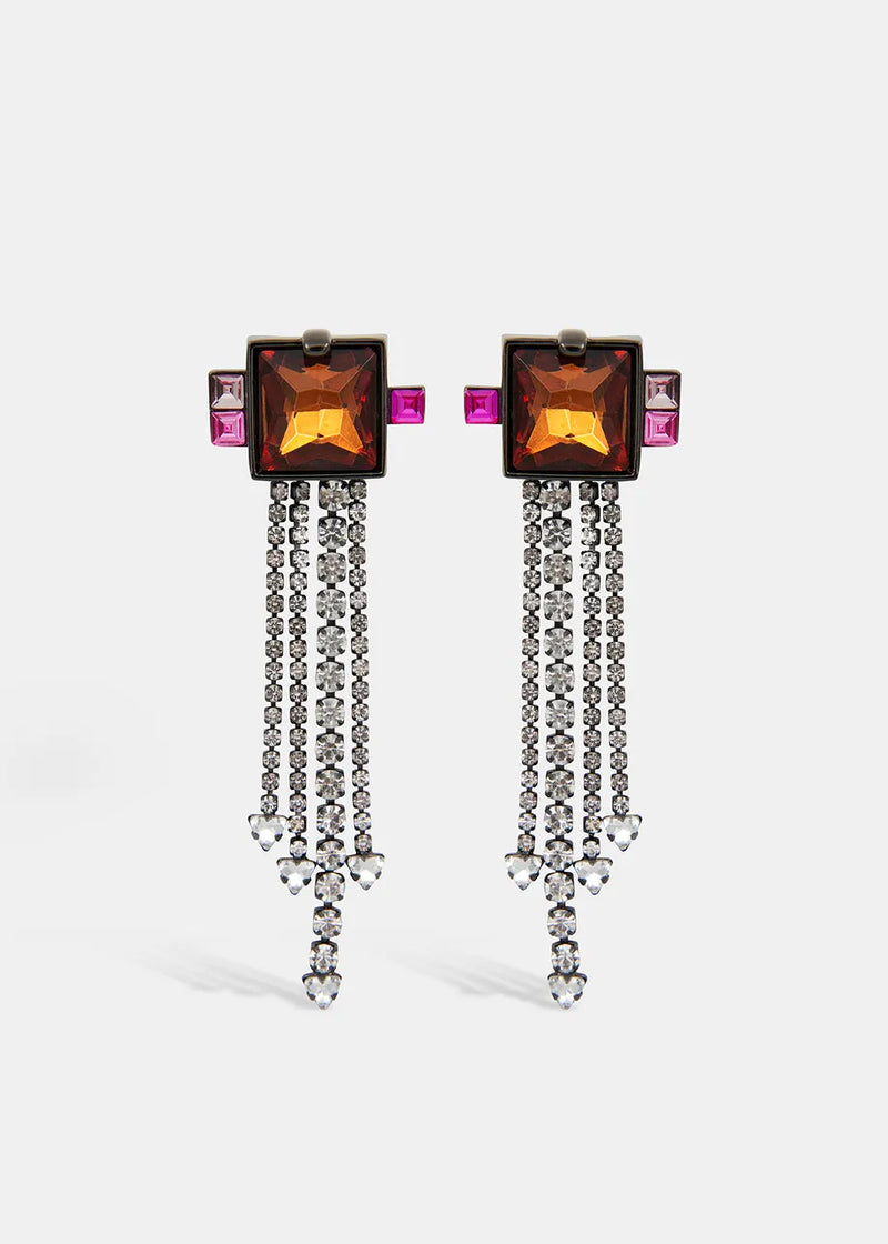 Honata long rhinestone earrings - orange/pink/silver