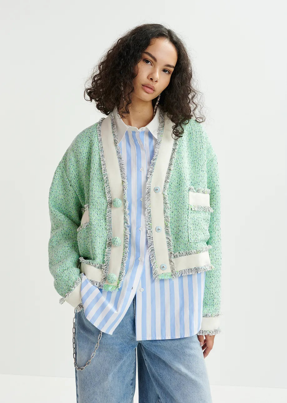 Hoola cropped tweed cardigan - grey / mint green / white