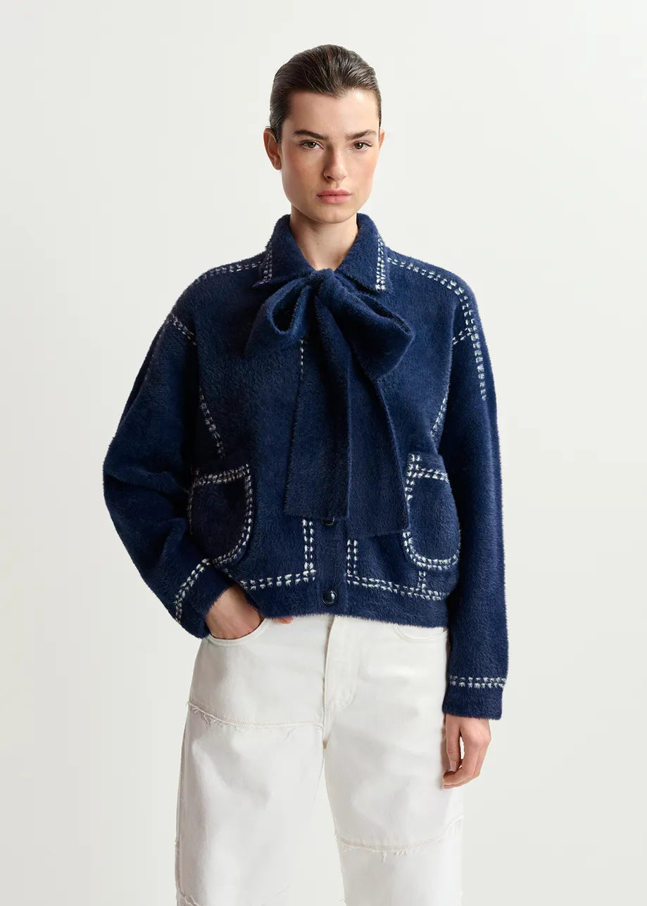 Hoops knit with contrasting stitching and self-fabric scarf