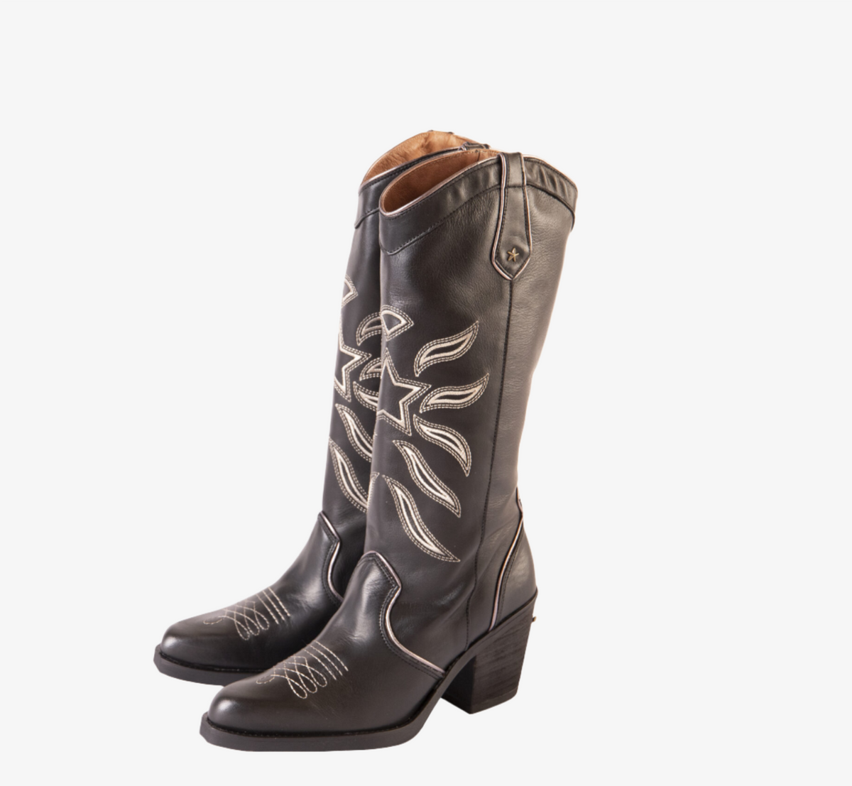 Kansas - black leather boots with star detailing Tall Boots