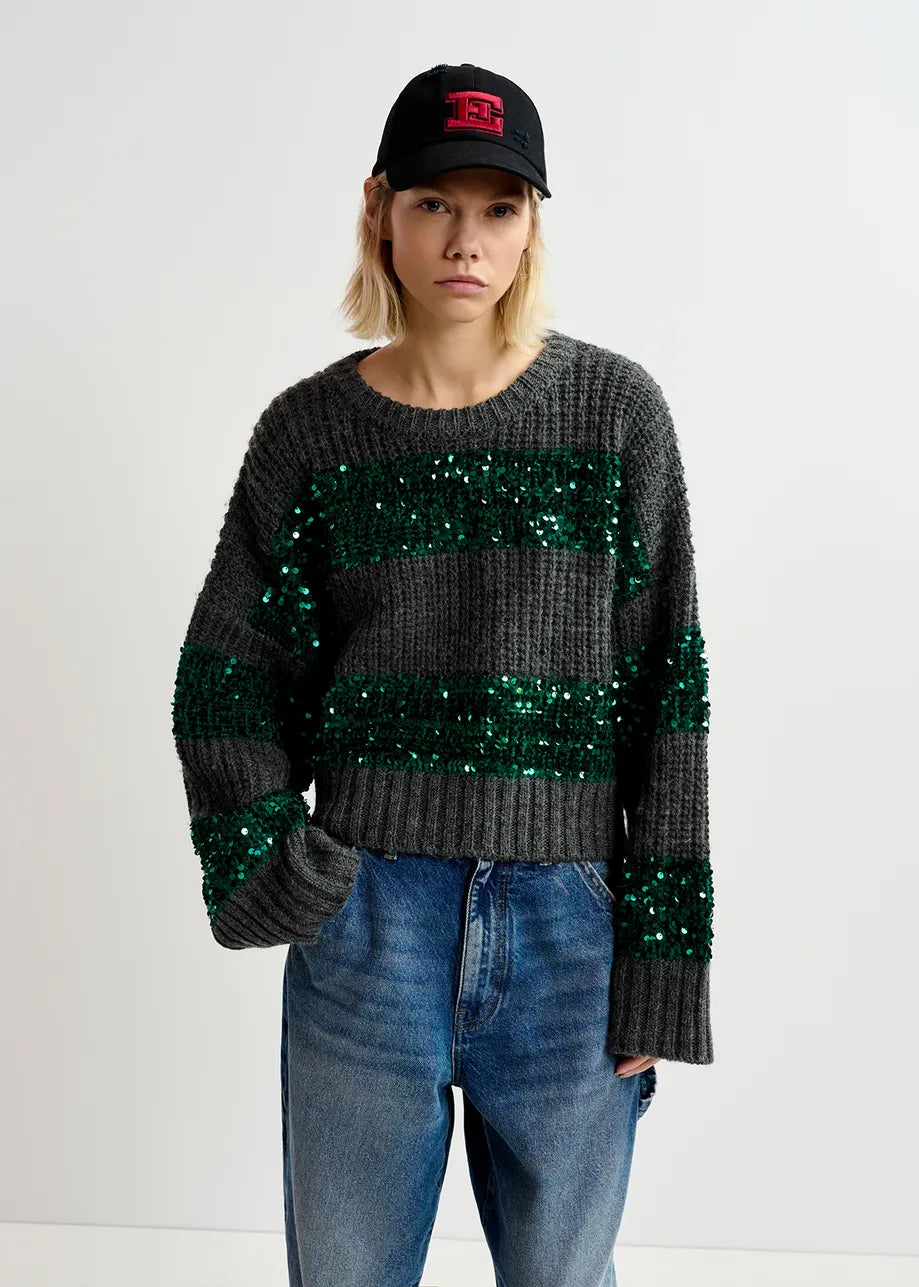 Knit sweater with sequin stripes- grey Pullover ESSENTIEL