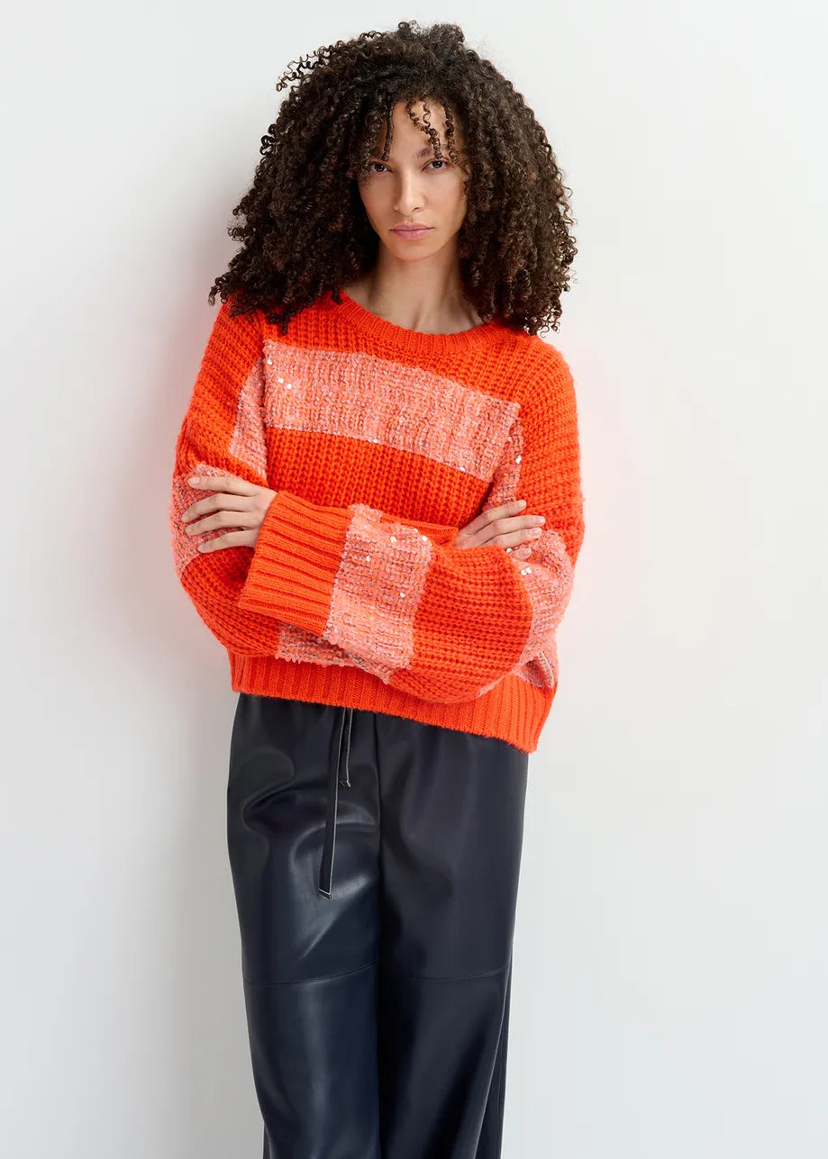 Knit sweater with sequin stripes- orange Pullover ESSENTIEL