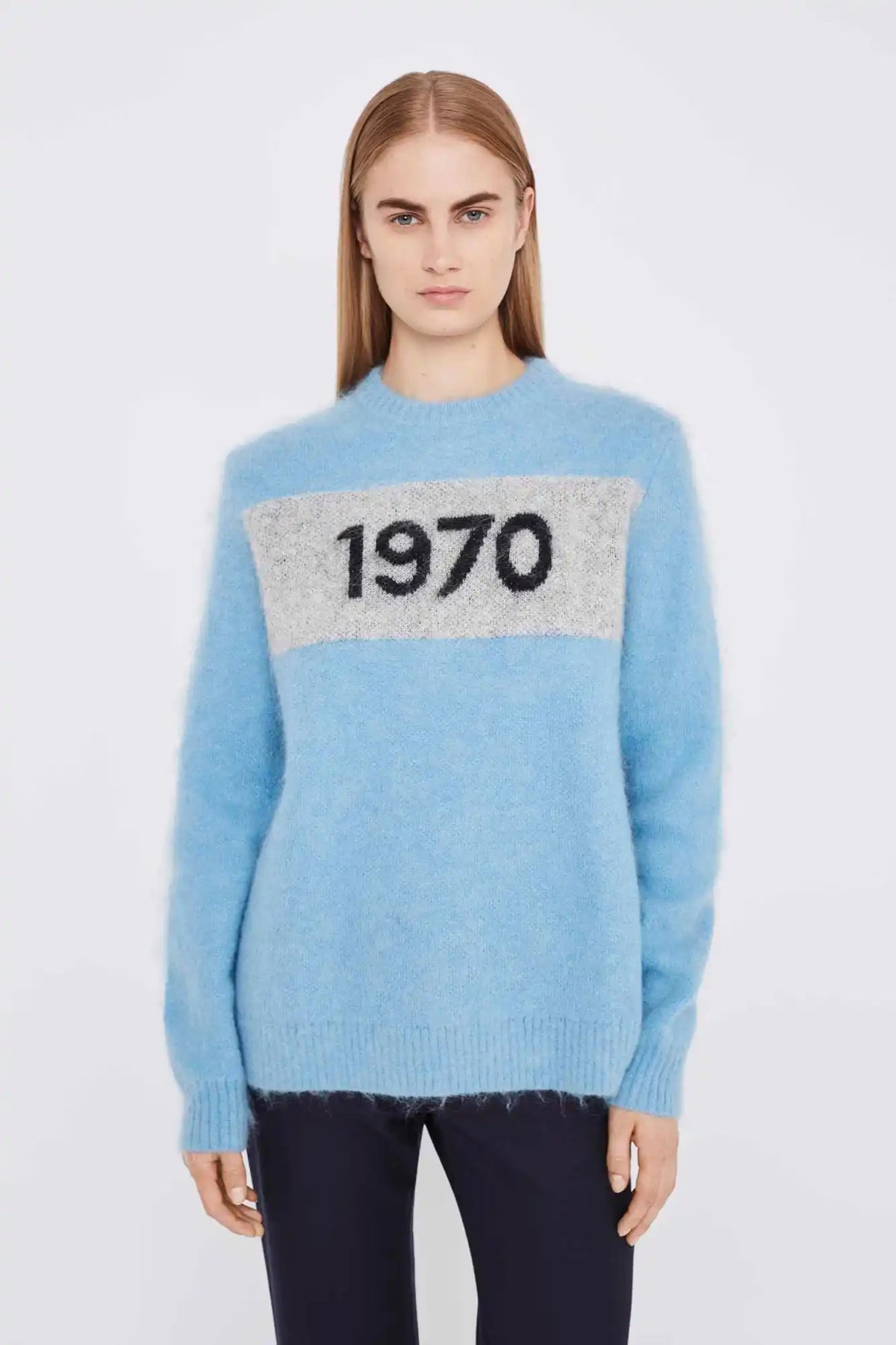 Light blue sweater with ’1970’’ printed across the chest in black numbers.