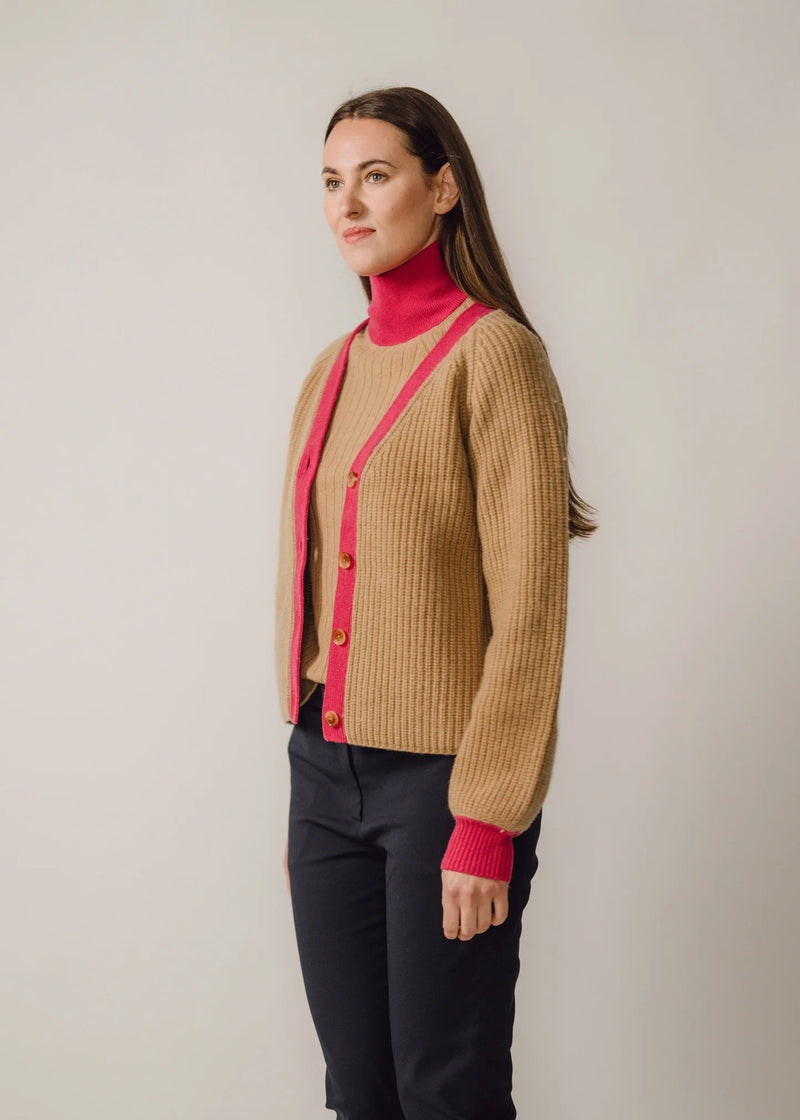 Michelle wool cardigan - camel & lipstick pink Knitwear