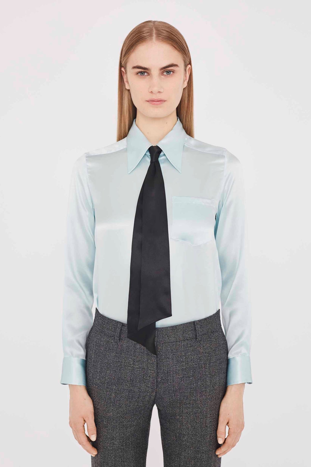 Minnelli silk satin shirt - pale blue & black Shirts Bella