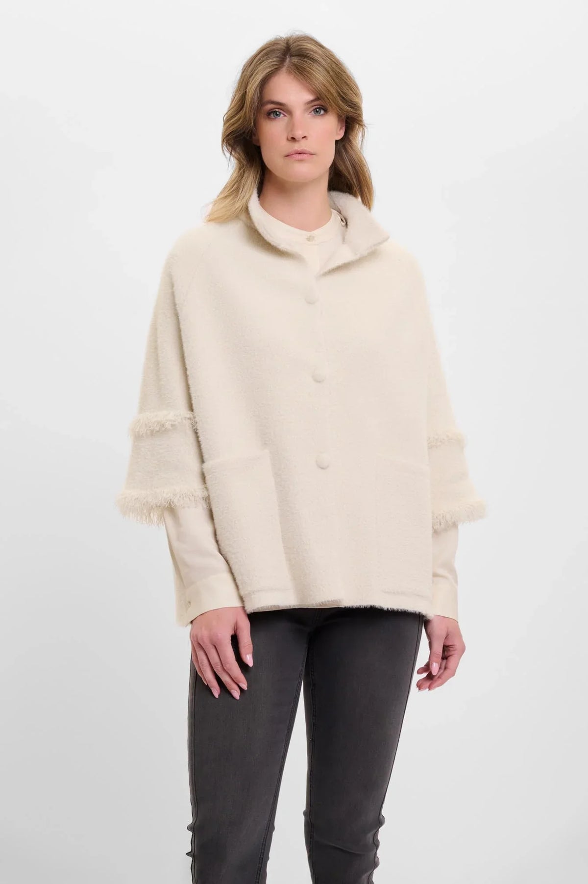 Sabe cape with fringe detail - birch Capes Rino & Pelle