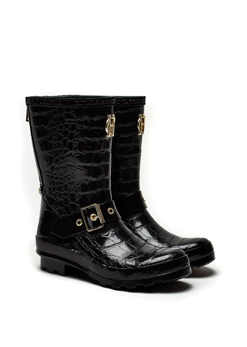 Short Zip Chelsea Wellington Boot - Black Croc Wellington