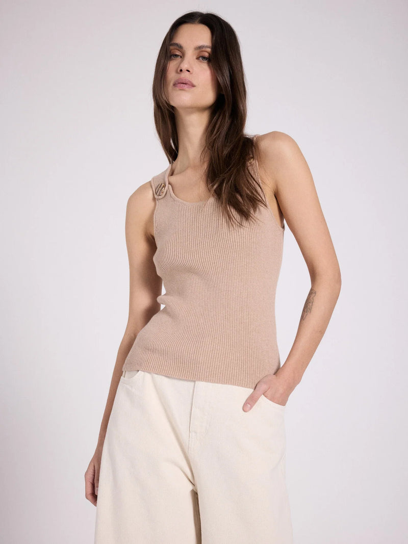 Tawny round neck tank top with buttons - natural Tank Top