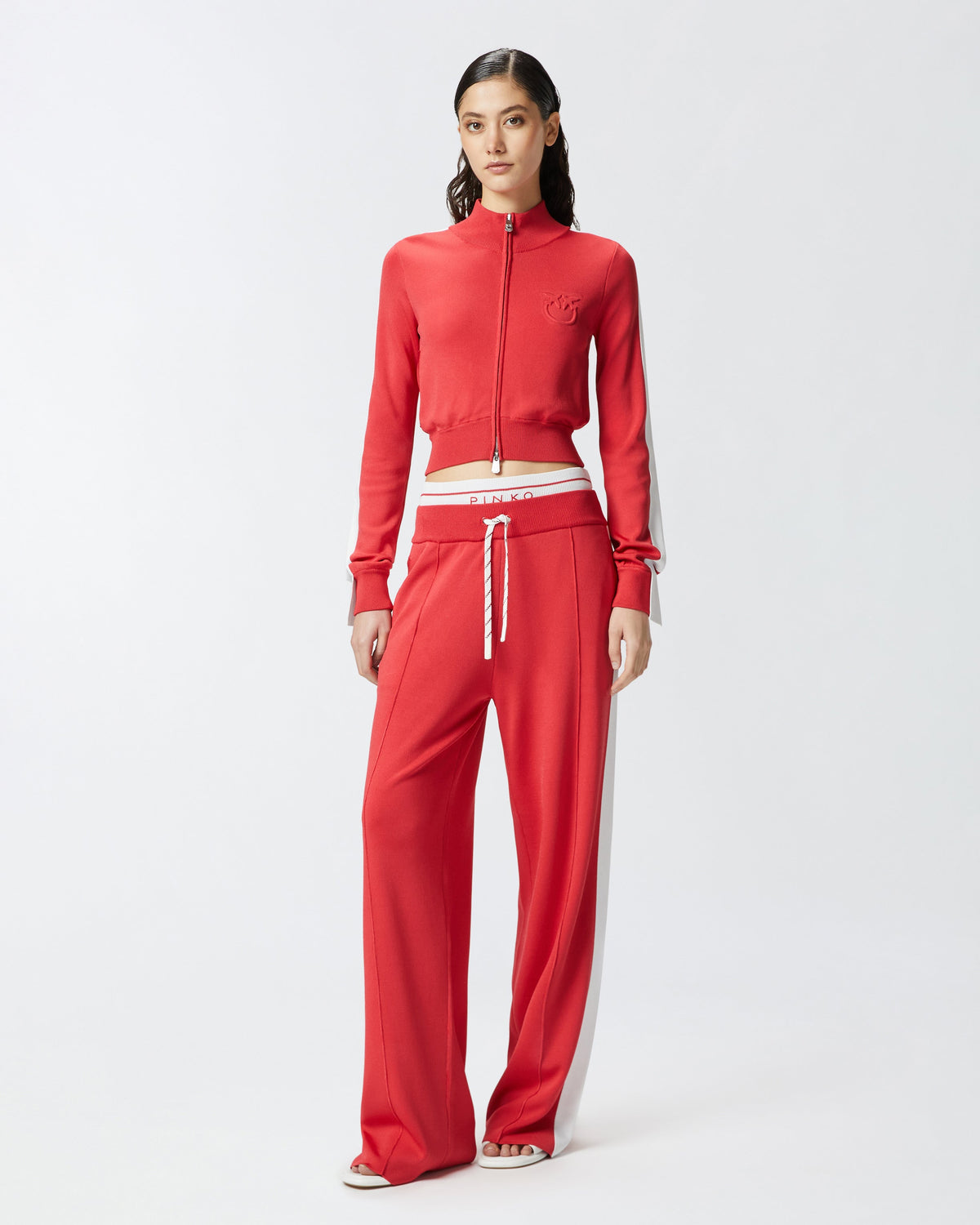 Wide-leg sporty trousers with side band detail - red